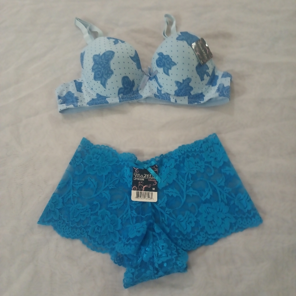 Mamia Light Blue Floral Bra and Lace Panty Set